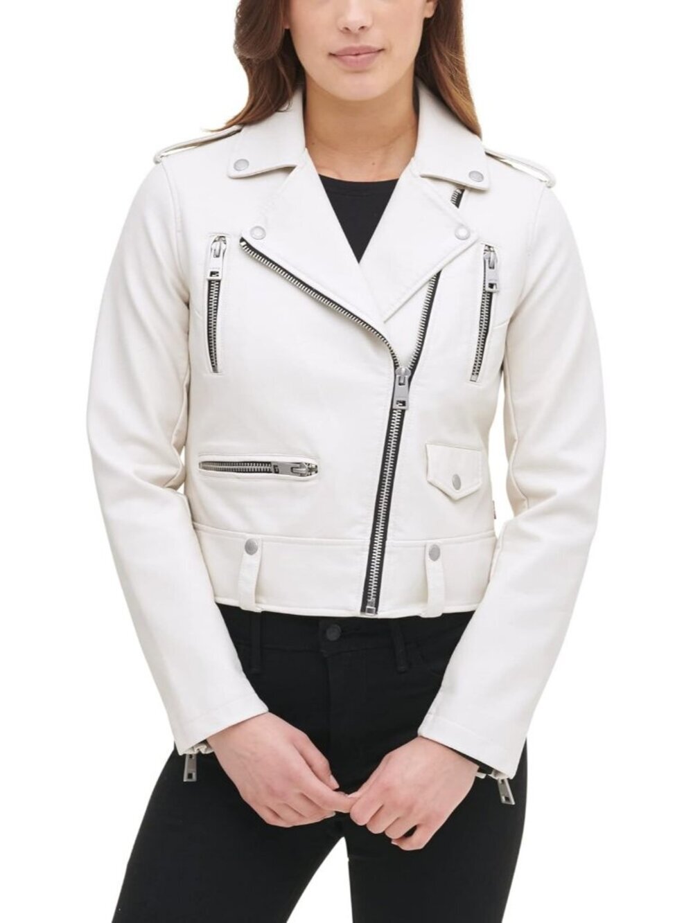 Women's Oyster Polyurethane Cropped Stylish Faux Leather Motorcyle Jacket